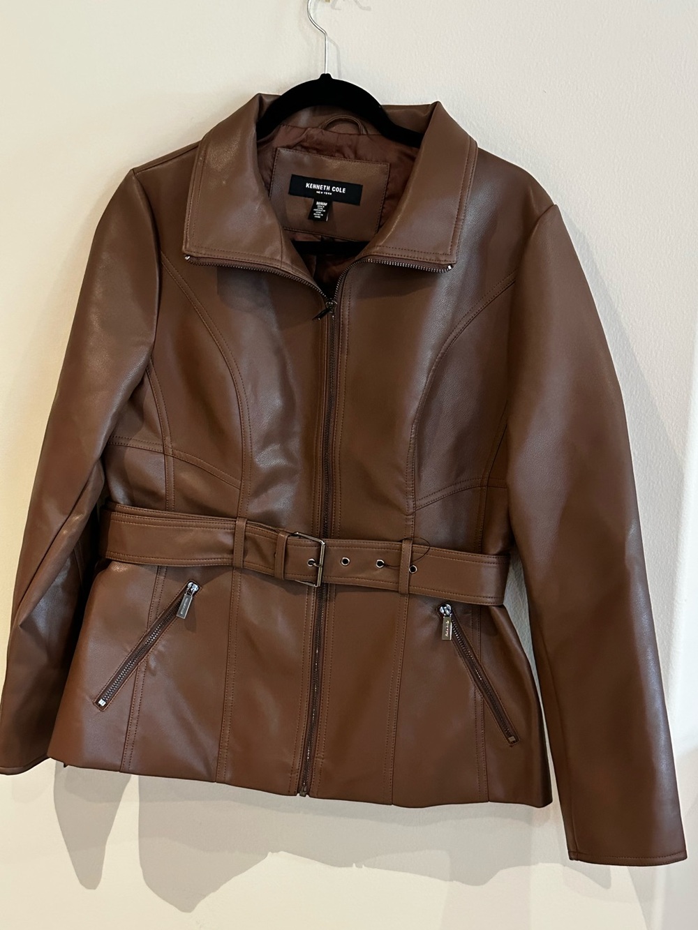 KENNETH COLE size MEDIUM Brown Classic Faux Leather Belted Jacket NEW $99